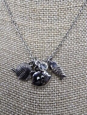 Cookie Lee Silver-Tone Kitty Cat Charm Necklace with Clear Crystal